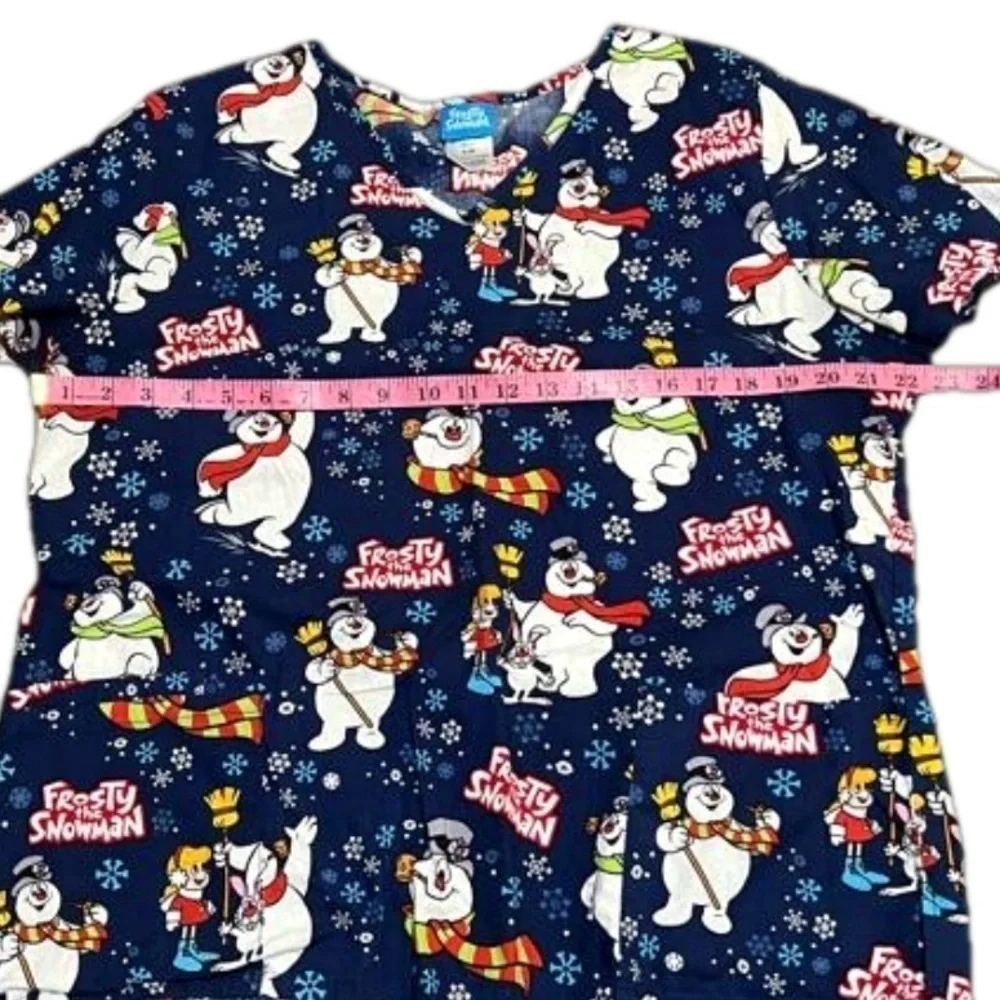 Warner Bros Frosty The Snowman Scrub Top Blue Snowman Snowflake Women Size L